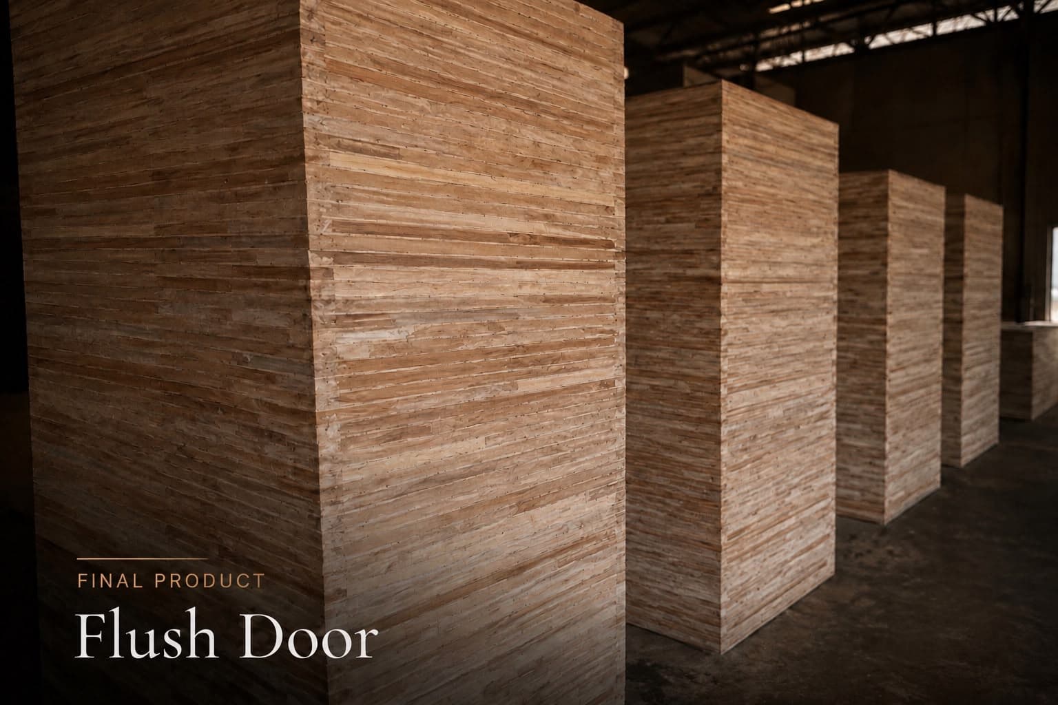 Finished Radhavan flush doors stacked at the works