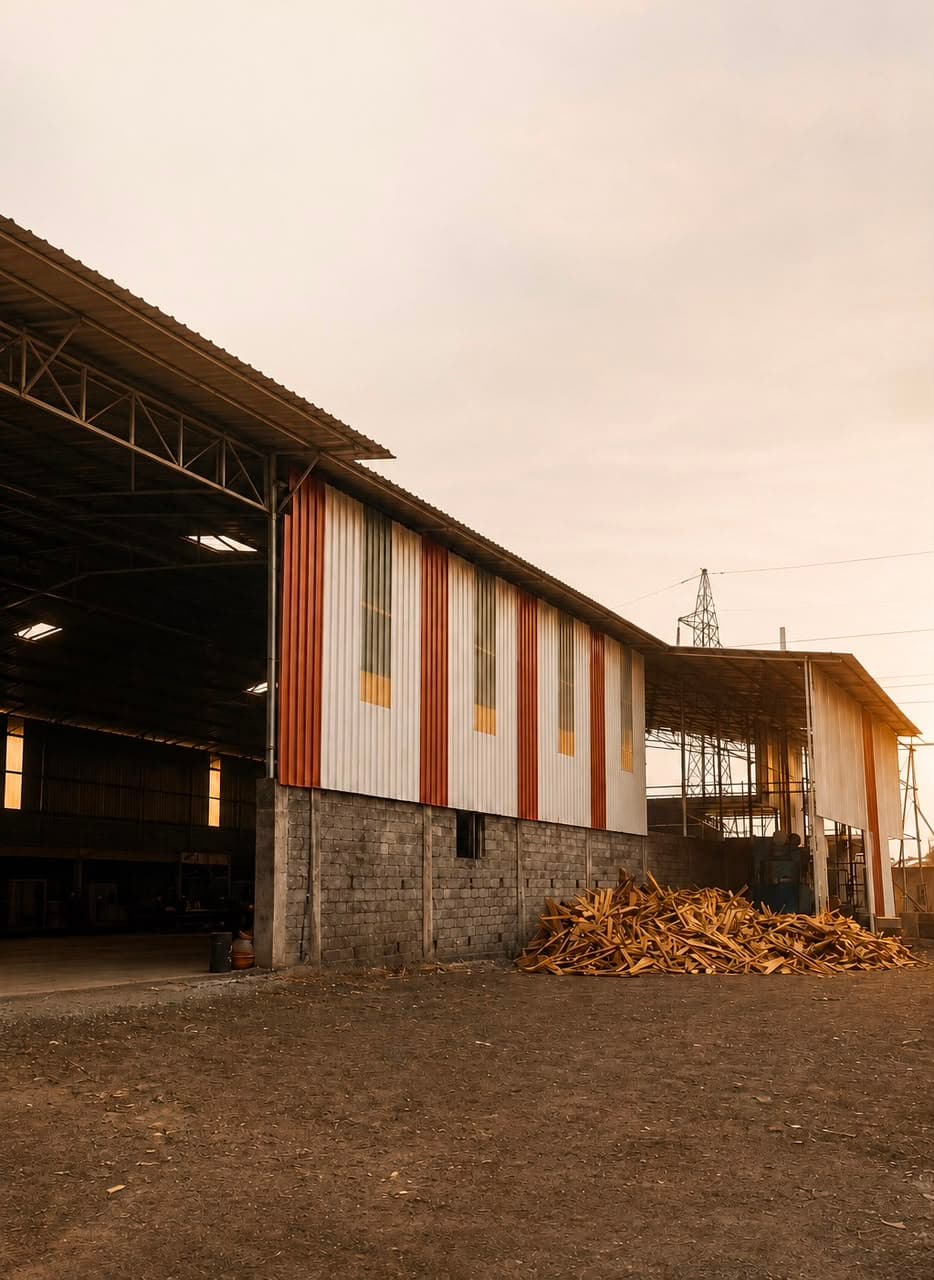 The Radhavan yard at dusk — open sheds with offcuts stacked outside
